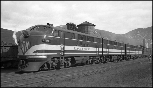 NP Train No. 603 powered by Electro Motive 103, experimental diesel electric locomotive arrives Missoula on test run from Northtown to Auburn. NP Dynamometer Car behind locomotive 