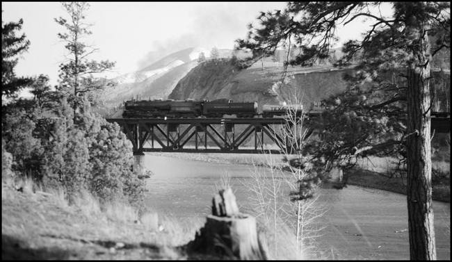 NP Train 1st 602 with NP 5110, Class Z-6 crossing bridge between Missoula and Bonner