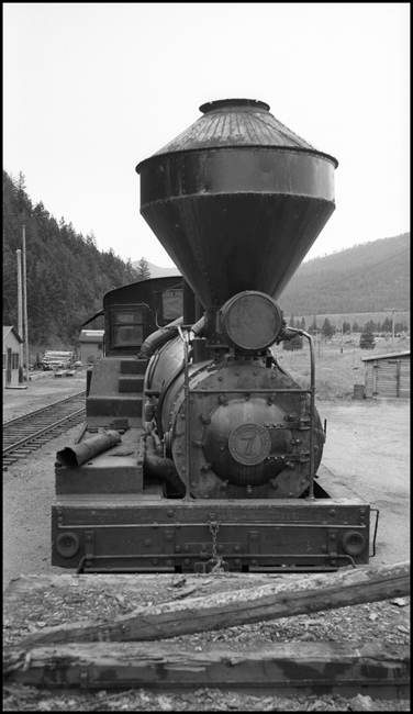 ACM 7, shay locomotive.  Cyclone style spark arrester stack on locomotive.  Front view.