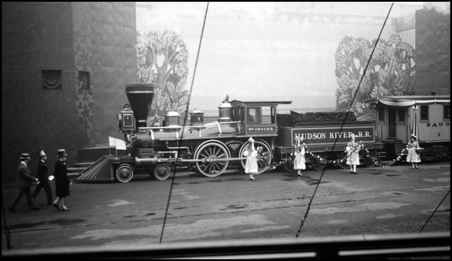Wm Crooks, 4-4-0, locomotive with Hudson River RR on Tender crosses stage at the 