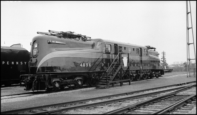 PRR 4896, Class GG-1,electric locomotive on display at NY Worlds Fair. These locomotives were typically 11,000 volt AC locomotives built for passenger service. 