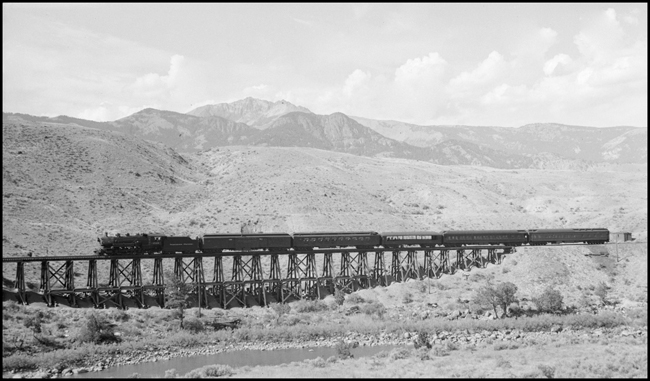 NP Train No. 217, Park Branch Train, with NP 1529, Class W locomotive on trestle heading toward Gardiner, Mt with the last Park train of the season.