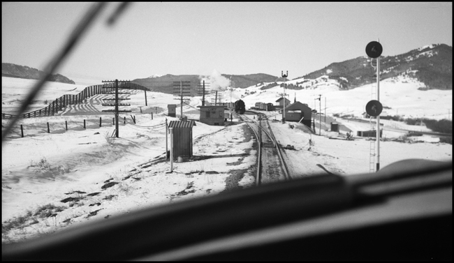 A meet at West End, as seen from cab of Test Train locomotive GM 754 pulling Train No. 3 / 1.  Eastbound train being meet is not identified.