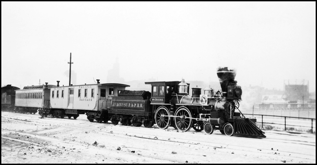 StP&P No.1 the Wm. Crooks and two old passenger cars in St Paul for display, the GN logo on tender. This locomotive was built in 1862.