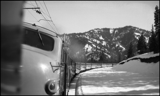 GN Ex EB near Leavenworth, WA  2-17-47  View taken by Nixon from helper 5016, looking back at the train