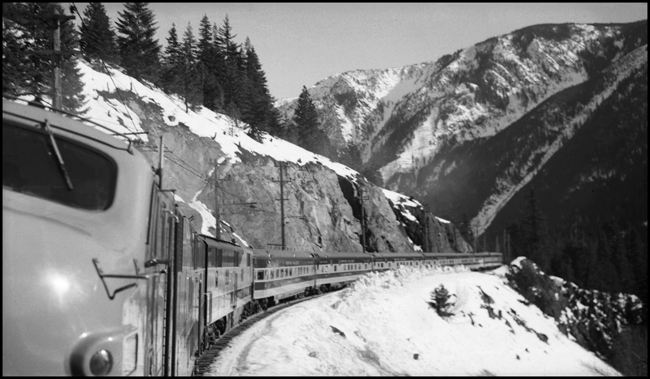 GN Ex EB near Merritt, WA  2-17-47  View taken by Nixon from helper 5016, looking back at the train