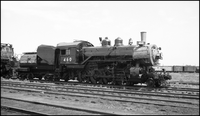 Union Pacific 2-8-0 460 stands in Council Bluffs, IA, yard.