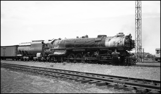 Union Pacific 4-12-2 engine 9050 heads freight in Council Bluffs, IA, yard.