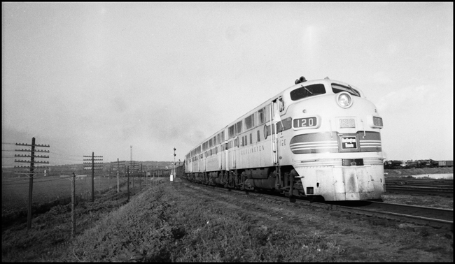Westbound Burlington freight with F-3 diesel 120, Council Bluffs, IA.