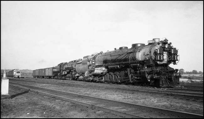UP Extra 9050 West, doubleheader, led by 4-12-2 9050, leaving Council Bluffs, IA, yard.