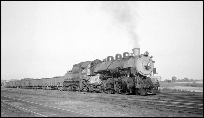 UP 2-8-2 Mikado 2314 on extra west, Council Bluffs, IA, yard, July 4, 1948.
