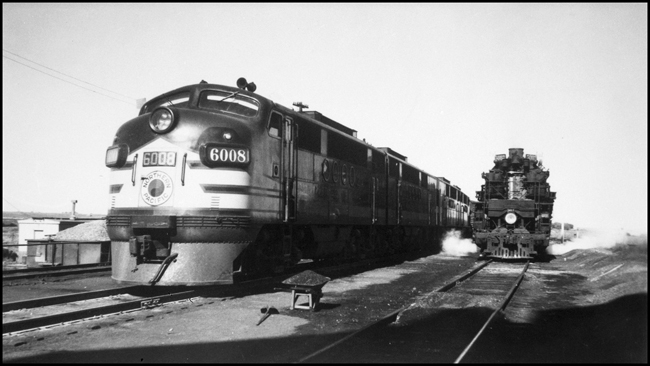 NP FT diesel 6008 on X6008E, nose of Z-5 5003, in Bozeman, MT, yard.