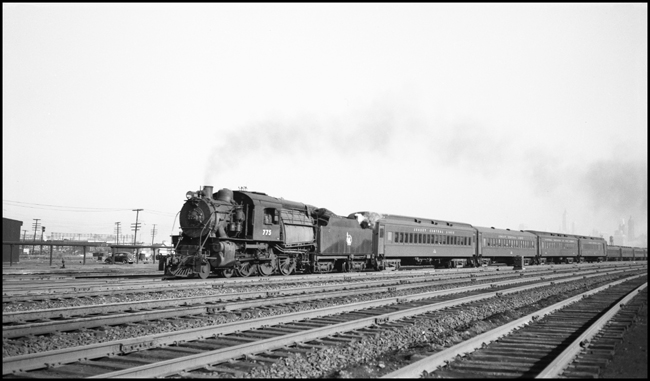 CNJ 4-6-0 Camelback 775 on passenger train, Jersey City.