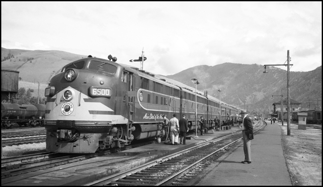 NP train 1, westbound NCL, with diesel 6500 being serviced at Missoula.
