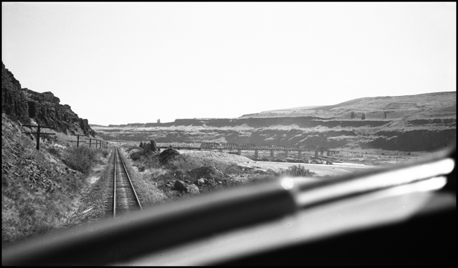 Scenic view of high desert through cab near Wishram, WA