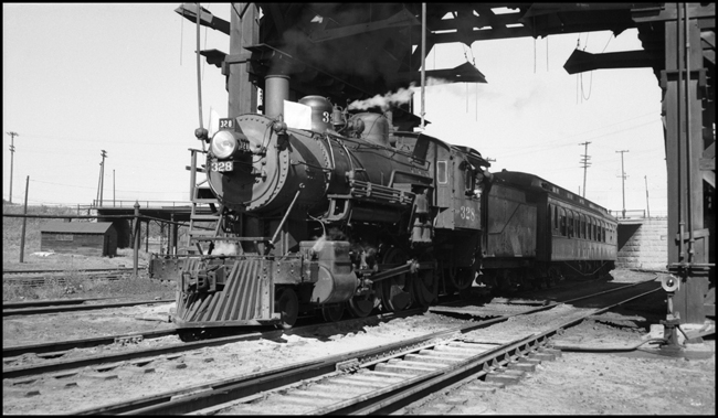 Train 328, Class S-10, 4-6-0 under coal tower with heavyweight passenger car, a railfans' special