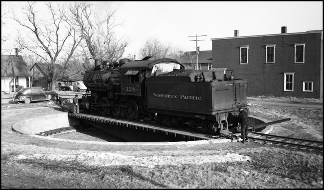 NP 328, Class S-10, after having been turned on strong arm turntable at Grantsburg, WI.