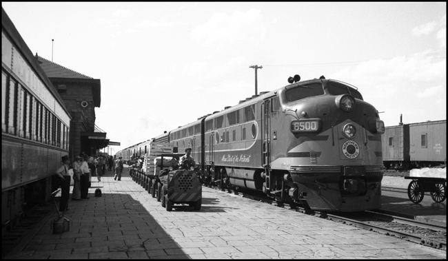 NP 6500A, an EMD F-3A, and the east bound North Coast Limited arriving at Missoula.