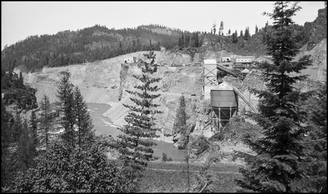 The NP right of way passing the construction site of Cabinet Dam across Cabinet Gorge in Cabinet, Idaho.