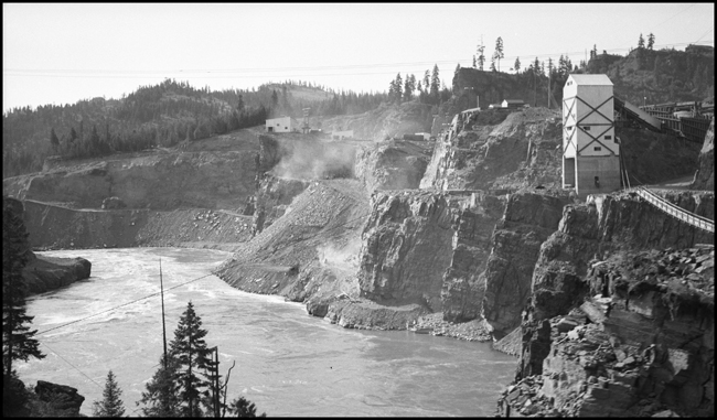 A view from NP #3 passing the construction site of Cabinet Dam across Cabinet Gorge in Cabinet, Idaho.