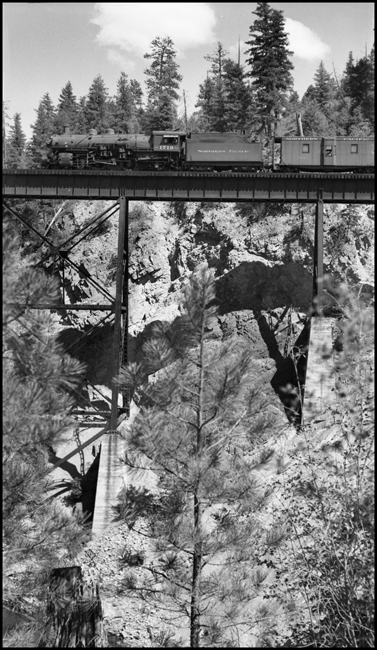 NP 1719, a 2-8-2 Mikado Class W-3 heads an east bound freight train on the Rivulet Trestle near Rivulet, Montana.