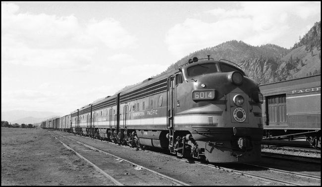 NP 6014, an EMD F-7A, heads an extra east bound freight train at Paradise, Montana.