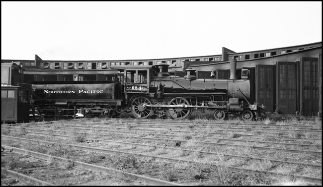NP 684, a 4-4-0 American Std Class C-1 and former NP 342, at the Spokane roundhouse.
