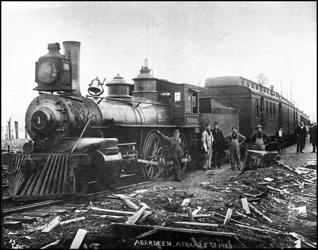 W&O 4-4-0 locomotive number 1 and passenger train at Aberdeen, Washington.
