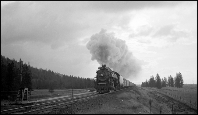 NP 2687, a 4-8-4 Northern Class A-5, with an east bound freight train west of Rathdrum, ID near Newman Lake, Washington.