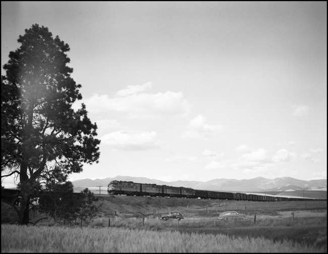 NP 7000A, EMD F-9A, four power units, west bound near DeSmet, MT