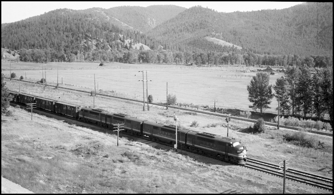 NP X5404W  Class FT diesel electric locomotive pulling freight near Bonita, MT.