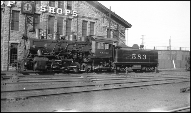 ATSF 583, 0-8-0, outside of the Santa Fe Topeka locomotive shop