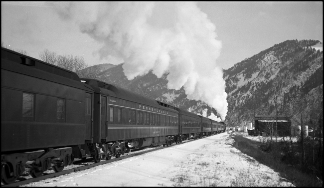 NP 2nd No. 2 with NP 5131, Class Z-8 leaving Missoula with about 5 coaches past photographer Nixon as shutter closes.