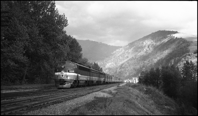 Train No. 25 just out side of Missoula, pulled by Diesel Electric Locomotives