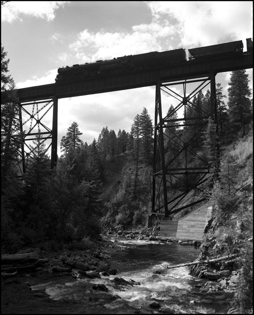 NP Train X5101W, with NP 5101, Class Z-6 crossing bridge at Fish Creek, MT
