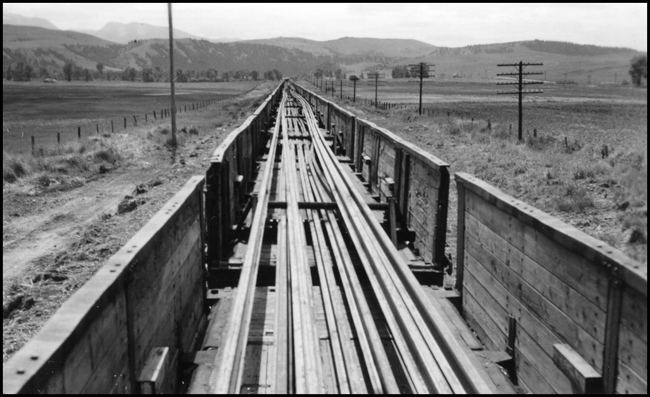 Inside close view of welded rail train ready to unload at Garrison, MT.