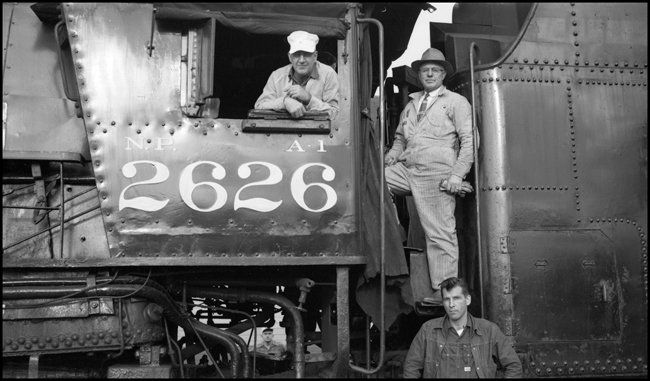 Engr Vernon Pringle, Road Foreman Pat Smith and fireman Lawrence Wheir on NP 2626, Class A-1 at Auburn.   