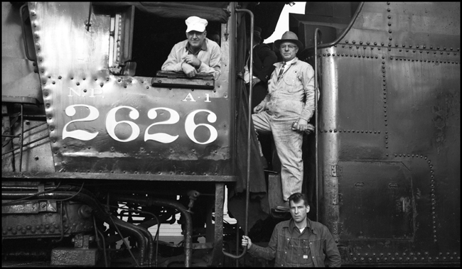 Engr Vernon Pringle, Road Foreman Pat Smith and fireman Lawrence Wheir on NP 2626, Class A-1 at Auburn.   