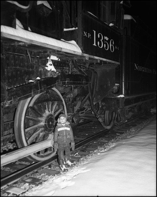 NP 1356, 4-6-0 Class S-4 in snow at the display in Missoula, MT. LDN a child or relative of RVN in the view.