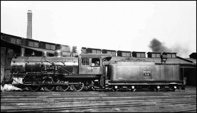 Colorado and Southern 628 with a CBQ tender at Denver, CO.