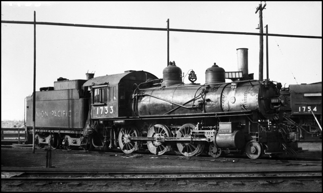 Elderly UP light 4-6-0 Ten-wheeler no. 1733 on roundhouse track, Yakima, WA.