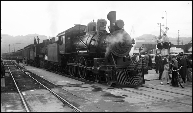 NWP 23 locomotive and Northwestern Pacific passenger train in Sanoma, CA