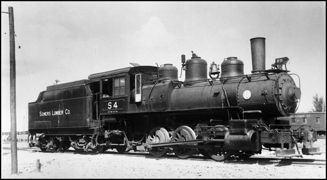 Somers Lumber Company SLC locomotive 4, 0-6-0, at Somers Mt.  S4 was formerly GN 60.