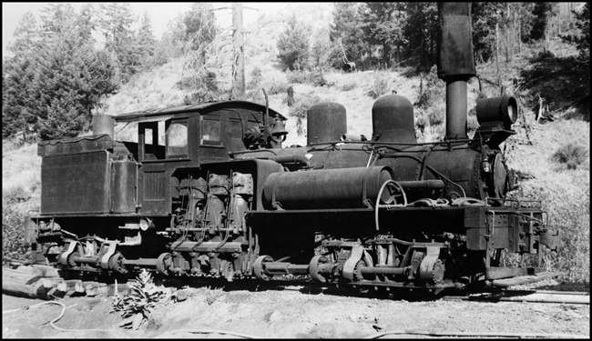 Cascade Lumber 3, shay locomotive at a lumbering location in the mountains.