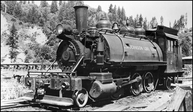 CD Johnson Lumber Co. No. 2 , tank engine at a lumber camp.