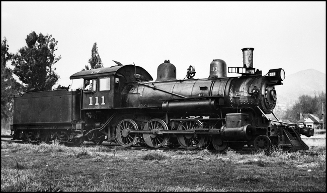 NWP 4-6-0 Ten-wheeler no. 111 and engineer, Santa Rosa, CA.
