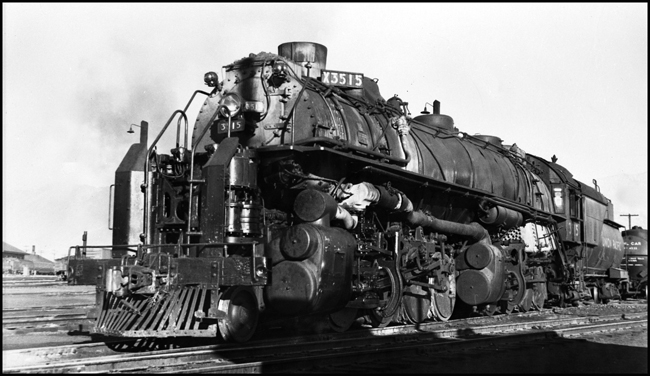 UP 3515, 2-8-8-2 in yards at Butte.  Note the massive collision posts on the pilot to protect the air compressors.