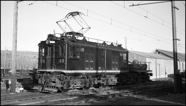 Butte Anaconda and Pacific electric locomotive BAP 49, in yards at Anaconda, MT.