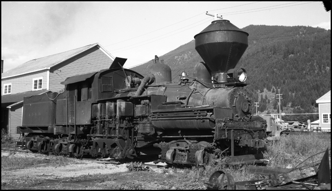 A Lima Shay, the typical logging railroad locomotive, is at rest on the remains of the logging railroad operated by Anaconda, a name that normally evokes thought of copper.  The large smokestack, more typical on a woodburning engine from a previous centurty, has a function on a logging railroad.  It contains a  tight arrangement of wire mesh that will prevent both the escape of most sparks and the resulting forest fire.