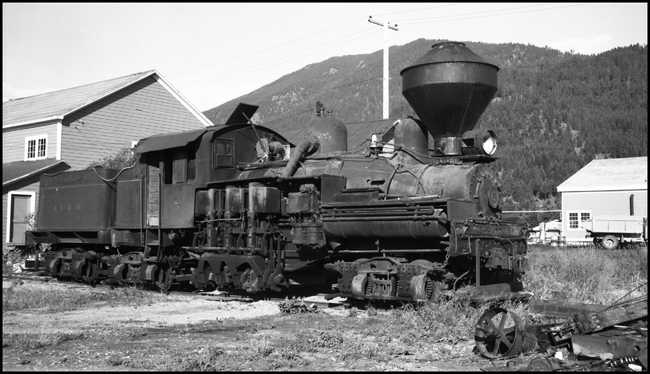 A Lima Shay, the typical logging railroad locomotive, is at rest on the remains of the logging railroad operated by Anaconda, a name that normally evokes thought of copper.  The large smokestack, more typical on a woodburning engine from a previous centurty, has a function on a logging railroad.  It contains a  tight arrangement of wire mesh that will prevent both the escape of most sparks and the resulting forest fire.
